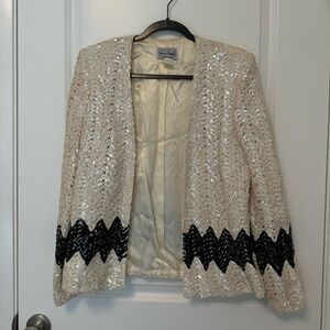 Grace Elements Cream Sequin Open Jacket with Black Chevron Trim